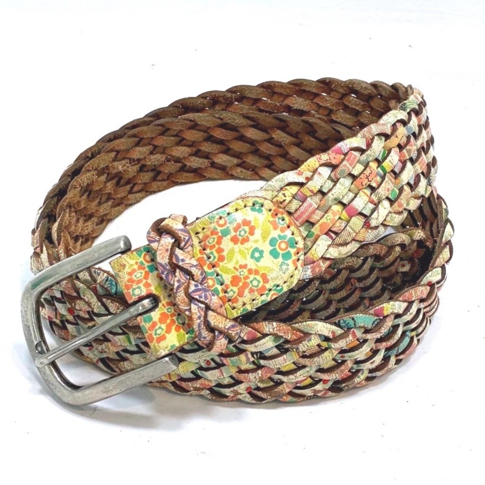Fossil Y2K Screenprint Boho Floral Braided Woven Leather Belt